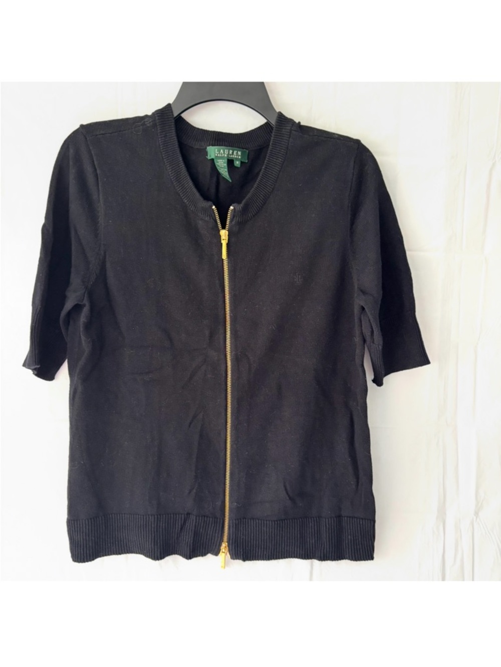 NWOT Lauren Ralph Lauren Black Gold Zip-Front Cotton Short Sleeve Cardigan SZ M